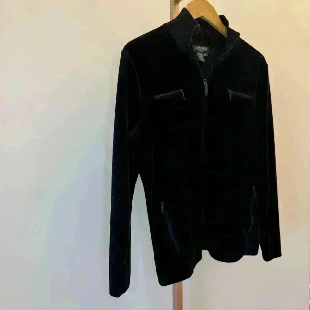 Lauren Ralph Lauren Women's Petite Velour Full Zip Jacket Black L - Picture 8 of 10